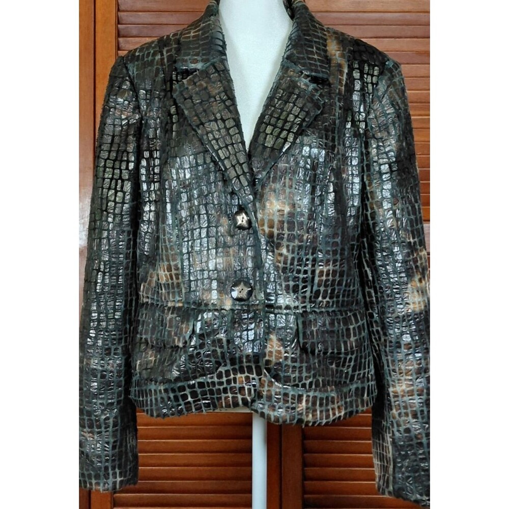 Lena Gabrielle NY Black Metallic Faux Leather Alligator Scales Blazer Jacket 14